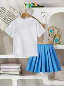 SHEIN 2件套青少年女孩休闲可爱蝴蝶结T恤和百褶裙校园风服装 - 淺藍色 - 查看 3