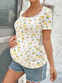 SHEIN Maternity Square Neck Lace Trim Short Sleeve T-Shirt, Stylish & Suitable For Summer - Yellow - View 4