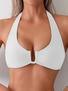 SHEIN Swim Spring Break Women's U-Neck Ruched Front Halter Neck Bikini Top, Simple & Fashionable Versatile Swimsuit For Summer Beach Vacation - White - View 3