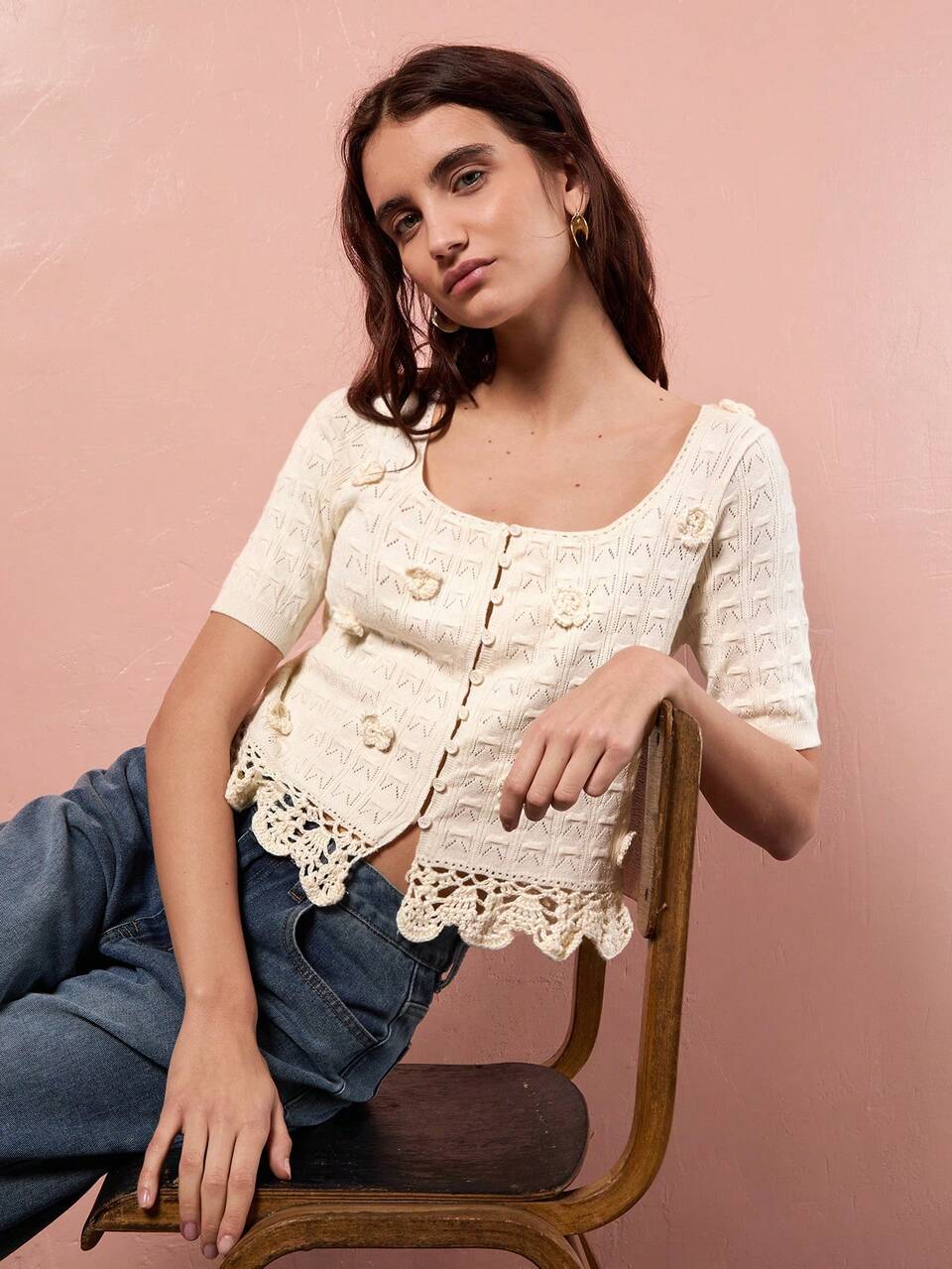 SHEIN Maija Women's Sleeveless Knitted Top,White Floral Cottage Core Autumn Tea Party,Petal Crochet Design Elegant U Neck Flowy Top For Wedding Guest Boho