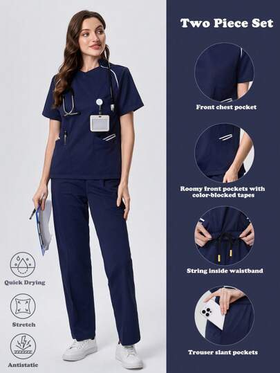 Scrubzie 2pcs Women Contrast Color Multi-Pocket Short Sleeve Top And Long Pants Uniform Set