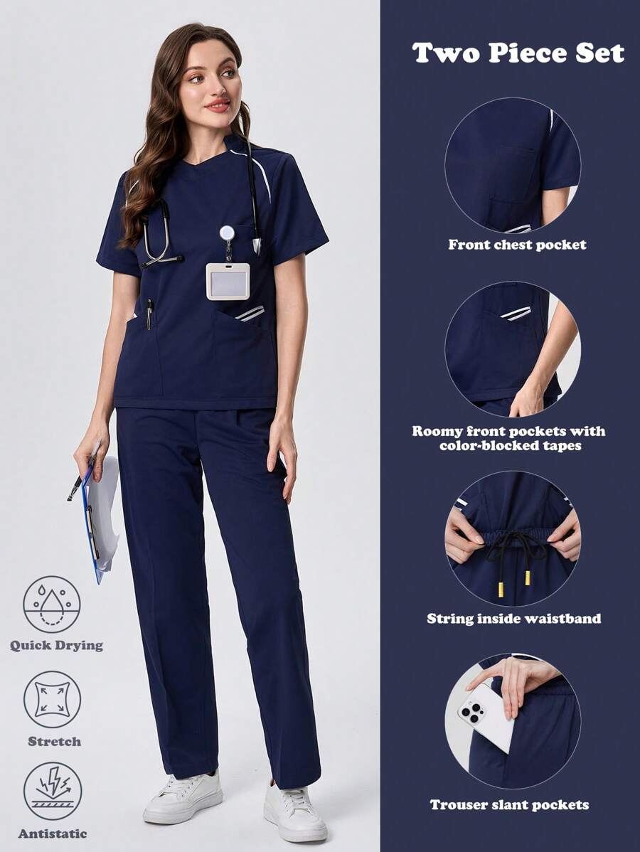 Scrubzie 2pcs Women Contrast Color Multi-Pocket Short Sleeve Top And Long Pants Uniform Set - Navy Blue - View 1