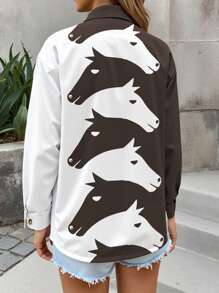 Camicia casual da donna a maniche lunghe con stampa animalier e colore a contrasto