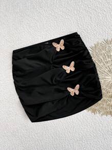 Swim Basics Women's Black Crinkle Ruched Butterfly Decor Swim Bottoms, Sexy & Stylish Skirt, Summer - Black - View 3