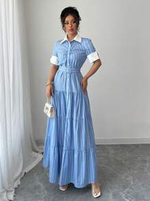 Elenzga Vestido camisero de manga corta con estampado de pastel de rayas azules y blancas para mujer - Azul y blanco - Ver 4