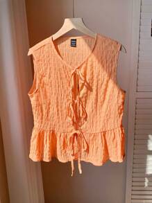 Comfortcana 女士橙色编织系带前无袖荷叶边休闲衬衫 - 橘色 - 查看 4