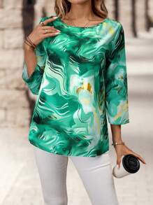 EMERY ROSE Women's Marble Print Round Neck 3/4 Sleeve Casual Shirt Teal - Green - View 4