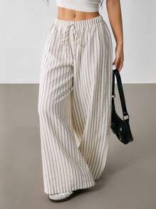SHEIN PETITE Women's Casual Loose Striped Wide-Leg Pants Baggy - Beige - View 1
