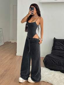 Coolane Trang phục biểu diễn mùa hè dành cho nữ, phong cách đường phố Y2K, bộ đồ liền thân không tay tối giản, thường ngày, giặt sạch, bẩn và quần cạp trễ rộng thùng thình hai mảnh - màu đen - Xem 4