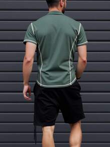 Manfinity Dauomo 男士休闲撞色缝线纽扣短袖 Polo 衫，夏季 - 軍綠色 - 查看 2