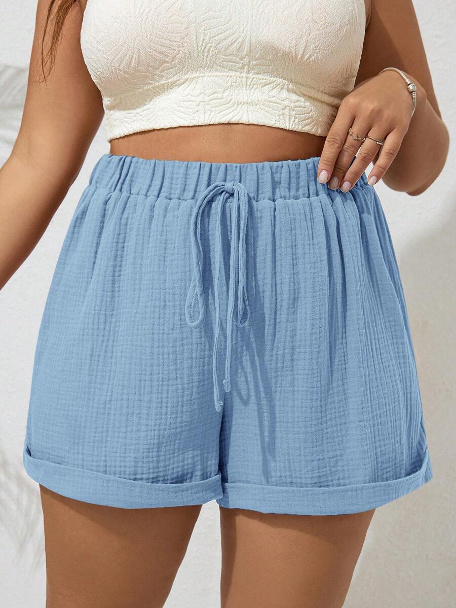 SHEIN VCAY 大码女式纯色腰带褶饰休闲短裤