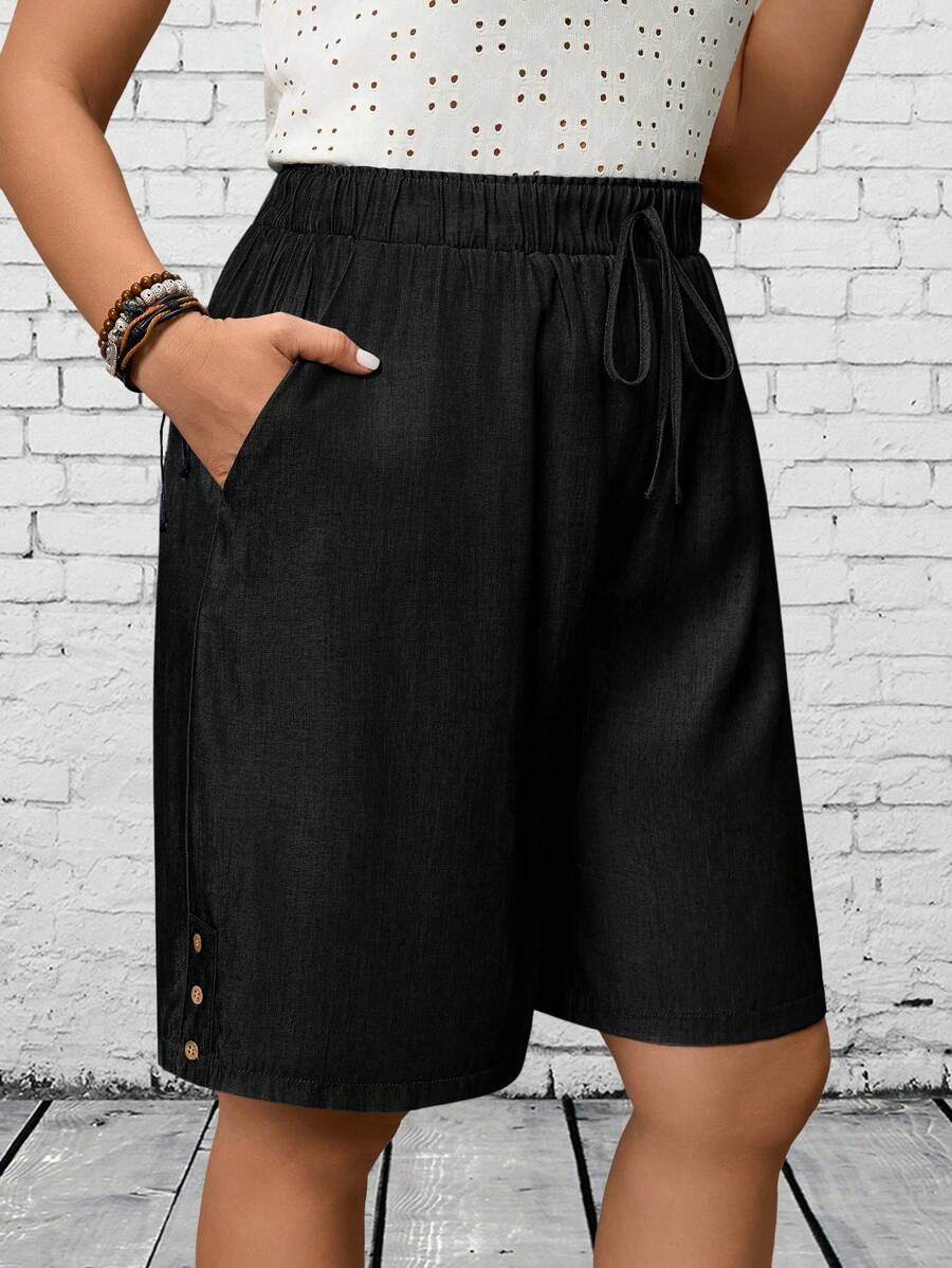 EMERY ROSE Shorts casuales de primavera con cinturilla con cordón y bolsillos para mujeres de tallas grandes, para vacaciones en el campo - Negro - Ver 1