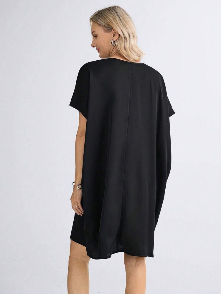 Women's Casual Black Short Dress: Semi-Sheer Woven Fabric, V-Neck, Half Sleeves, And Straight Hem