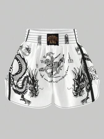 Men's Anime Dragon Animal Print Elastic Waist Patch Boxers, For Back To School