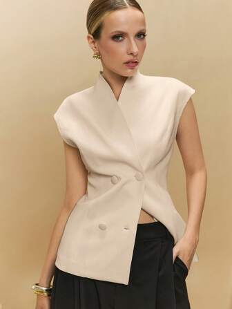 Poéselle 女士纯色双排扣短袖薄款西装外套，秋冬优雅夏日