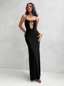 Aloruh Women's Black Summer Dress,Elegant 70s Style Spaghetti Strap Cut-Out Fitted Dress With Starfish Decor,Holiday Date Club Party Dress - Black - View 5