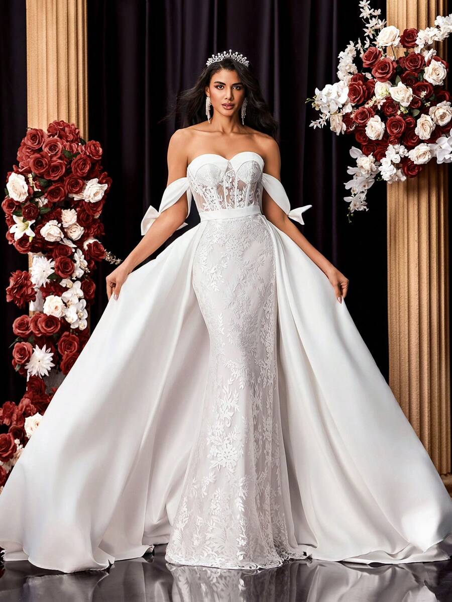 Glamrae Vestido largo de encaje y satén con bordados, escote hombros descubiertos, lazo y diseño de cola de sirena con vuelo extra, apropiado para boda, fiesta, luna de miel, novia - Beis - Ver 1