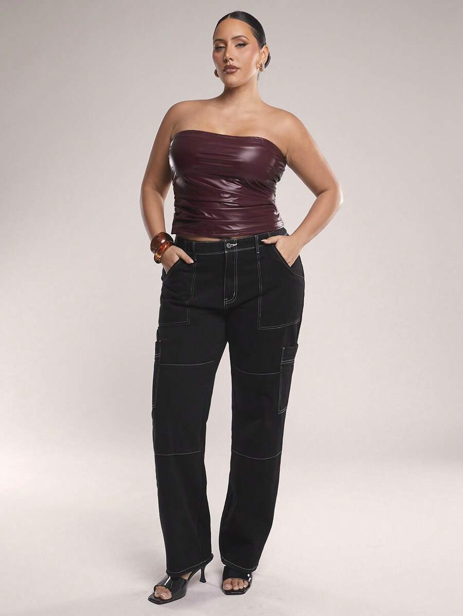 SHEIN BAE Plus Size Women's Autumn/Winter Fashion Hot Girl/Sweet Girl Ruched Elastic Solid Angola Red PU Leather Women Sleeveless Top