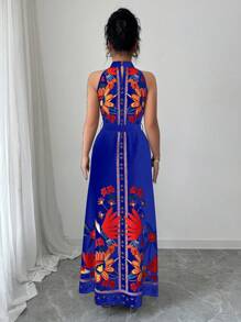 Elenzga 女士花卉印花腰部系带优雅挂脖度假连衣裙 - 藍色 - 查看 2