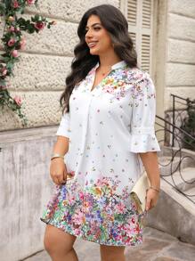 Reflora 大码花卉印花 V 领休闲度假连衣裙 - 白色 - 查看 4