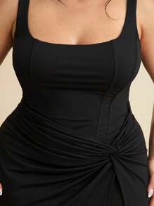 SHEIN BAE Große Größen Midi-Kleid mit Fischgrätenstruktur und Wickeloptik in Schwarz für Damen, Frühjahr/Sommer, Kleid mit Twist-Knoten-Vorderseite und Teilungsfalten, Minikleid für Abschlussball, dehnbares Minikleid, Kleid im französischen Stil, Abendkleid, Geburtstagskleid, Brautjungfernkleid, elegantes Alltagskleid, Hochzeitsgast-Kleid, Brautjungfernkleid, Partykleid, Korsage-Kleid - Schwarz - Übersicht 8