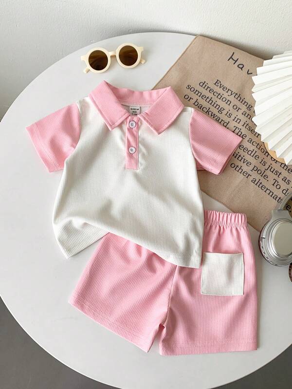 SHEIN 2pcs Infant/Toddler Unisex Casual Waffle Knit Colorblock Shirt And Shorts Set, 0-3 Years