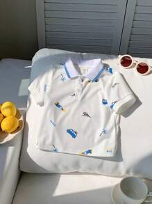 SHEIN Baby Boy/Girl Casual Sports Cute Funny Pattern Loose Knit Polo T-Shirt, Suitable For Spring/Summer Everyday And Outdoor Wear - White - View 3