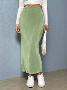 SHEIN Essnce Solid Color Skirt For Women, Fashionable For Summer - Green - View 5