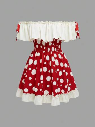 Sweetra Plus Size Cute Sweet Mushroom Off Shoulder Chiffon Short Dress