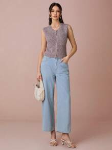 Enchnt Women's Solid Color Front Button Pocket Elegant Sleeveless Sweater Vest - Dusty Pink - View 3