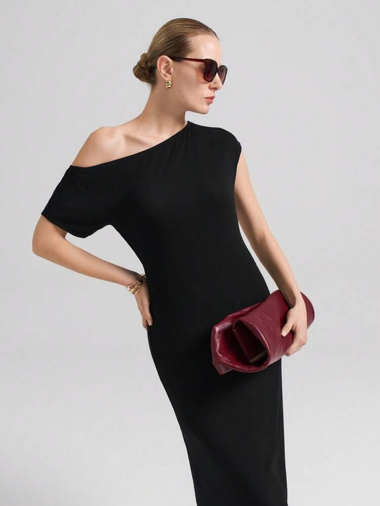 Black Tencel Elegant High-End Urban Commute Minimalist Asymmetric Collar Oblique Shoulder Asymmetrical Shoulder Fashion Comfortable Women Long Dress