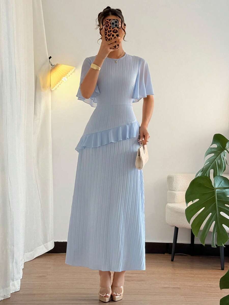 Elenzga New Women Textured Woven Fabric Round Neck Chiffon Patchwork Ruffle Sleeve Waist Cinching Casual Dress, Flattering Elegant Date Dress - Blue - View 1