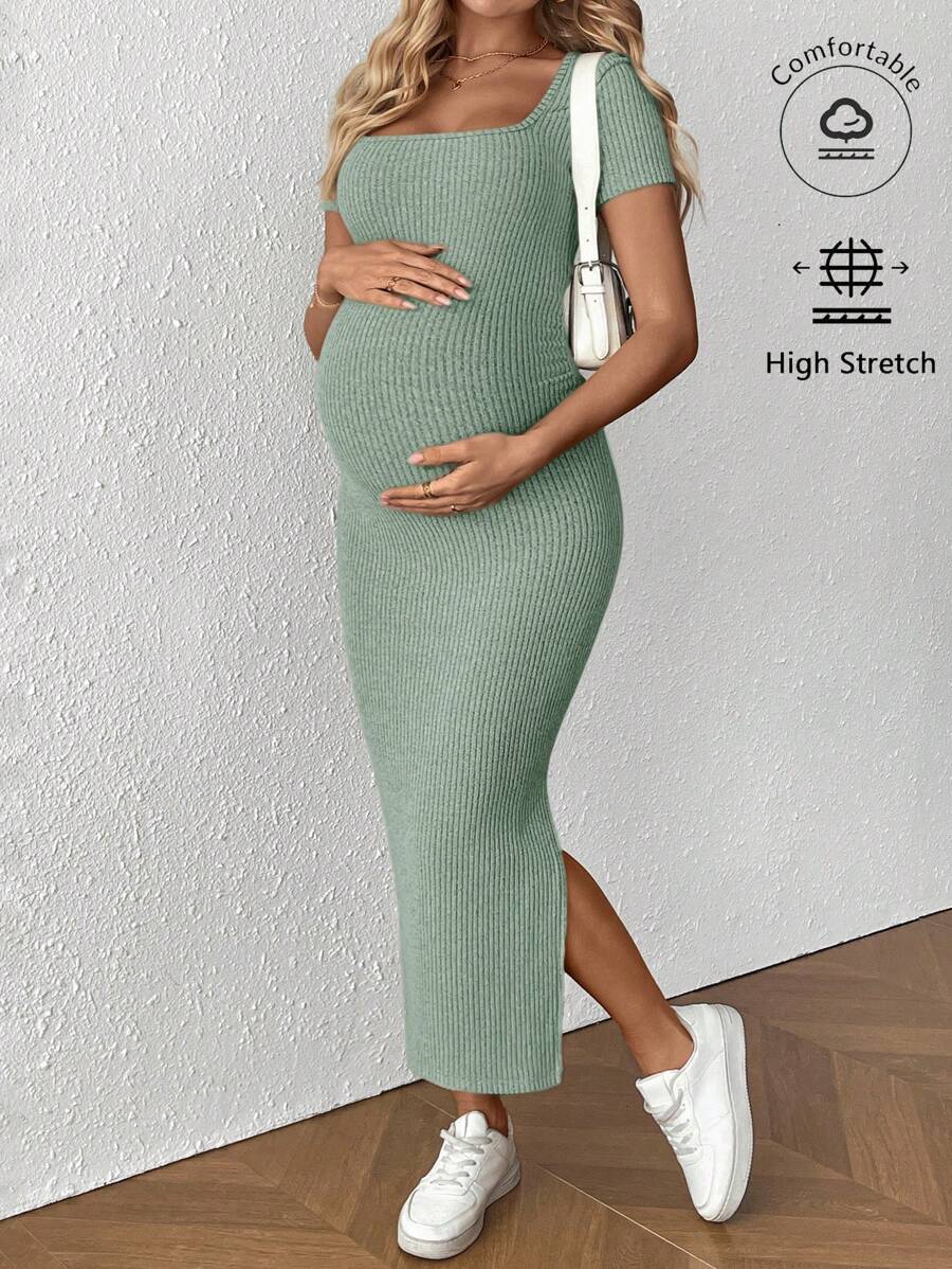 SHEIN Maternity Square Neck Short Sleeve Split Side Casual Bodycon Dress - Green - View 1