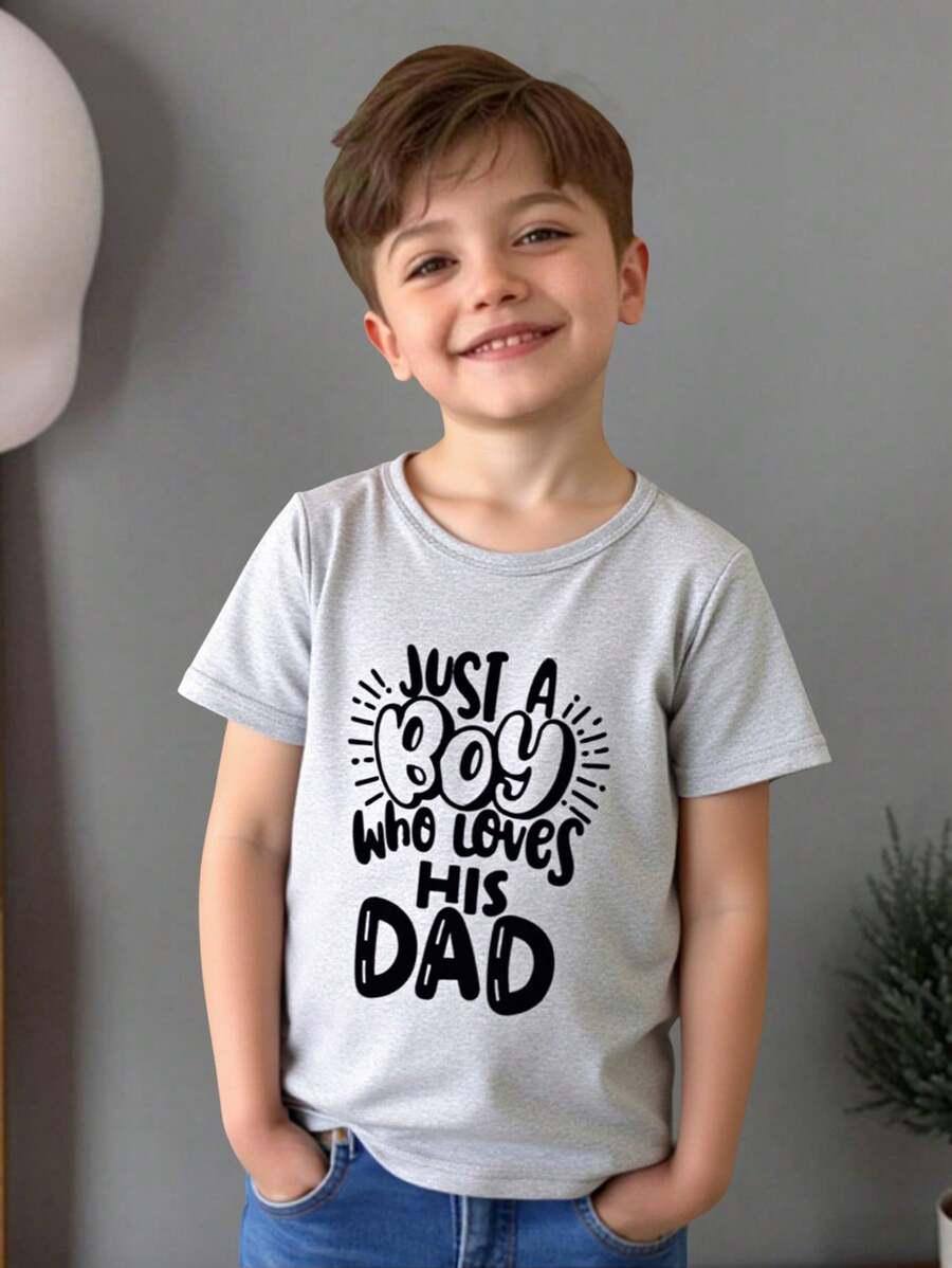 SHEIN Young Boy Summer Casual Letter Print Round Neck Short Sleeve T-Shirt - Grey - View 1