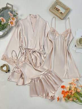 SilkySpell 4pcs Pajama Set: Embroidered Trim V-Neck Faux Silk Cami Sleep Dress And Cami Top & Shorts And Belted Robe, Fall Winter Clothes