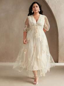 Anewsta 春夏优雅度假婚礼宾客礼服女士大码春夏网眼刺绣音乐节腰带泡泡袖连衣裙