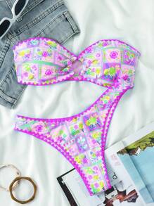 Swim Vcay Biquíni sem alças com estampa de borboleta e tecido texturizado, duas peças, maiô, elegante, férias, casual, festa - Rosa - Ver 5