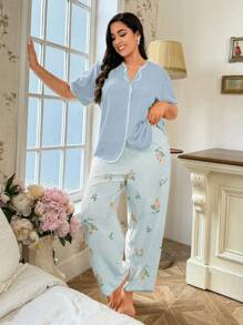 SHEIN Conjunto de pijama de mujer talla grande con estampado floral - Top sólido, pantalones estampados, vacaciones
