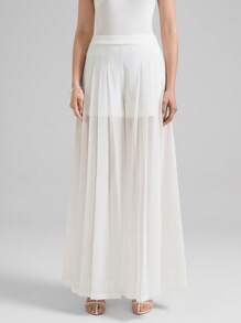 Ontre 2025年新款都市风格米色雪纺面料喇叭褶皱设计女式长裤，春夏音乐节、音乐会、乡村音乐节适用，适合日常穿着