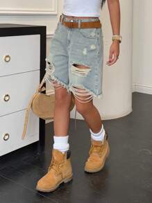 SHEIN Teen Girls' Y2K Summer Street Vintage Retro Washed 2000s Slant Pocket Raw Trim Denim Baggy Ripped Bermuda Long Shorts Baggy Wide Leg Shorts With Raw Hem, Summer Brunch Graduation,Vacation Beach Vacation,Country Concert/Rave - Light Wash - View 3