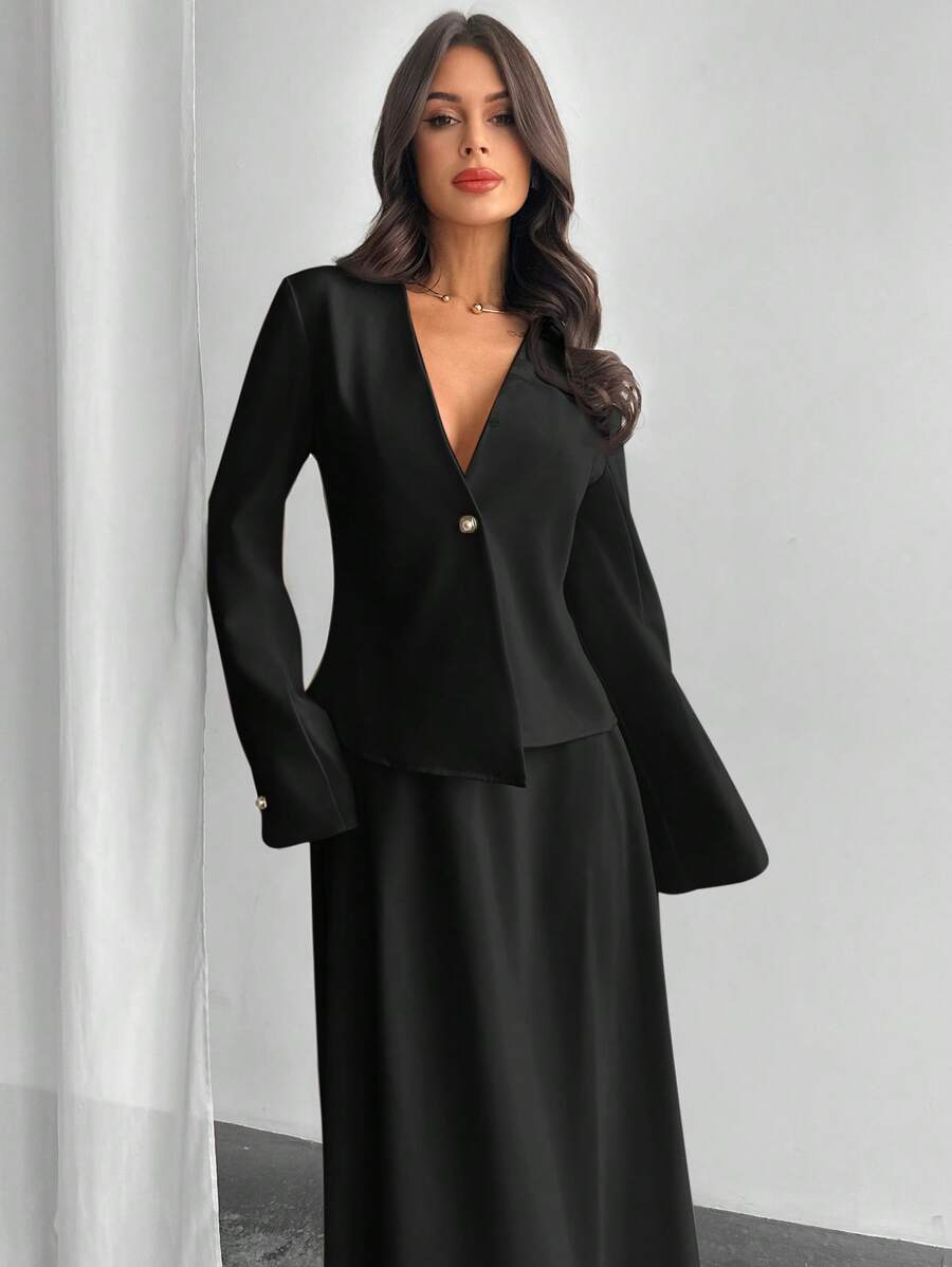 Firerie Elegant Commuting Business Blazer & Skirt 2 Pieces Set,Business Casual Woman Old Money Workwear - Black - View 1