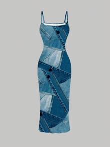 INAWLY Fashionable Denim Effect Print Form-Fitting Sleeveless Dress, Summer - Multicolor - View 2