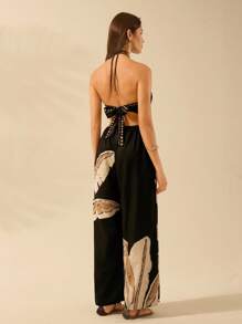 CAJUNI 女士露背阔腿连体衣度假休闲夏季波西米亚风热带椰子印花黑色连体衣 - 彩色 - 查看 2