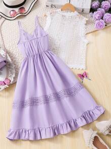 SHEIN Tween Girl 2 件套：白色蕾丝边衬衫和蓝色花卉印花吊带裙，可爱优雅的夏季日常休闲装 - 紫色 - 查看 2
