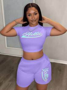 Slaydiva Bộ đồ hai mảnh in logo phong cách thể thao đơn giản cổ tròn tay ngắn màu hồng cho mùa xuân và mùa hè mới + quần lửng màu xanh bạc hà dành cho nữ - A - Màu tím - Xem 3