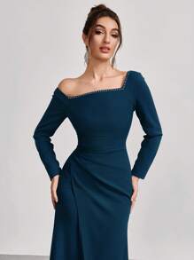 Coutiva Váy dạ hội trang trọng dài tay không đối xứng màu trơn cho nữ, váy dự tiệc, dành cho khách dự tiệc cưới - Màu xanh bạc hà - Xem 7