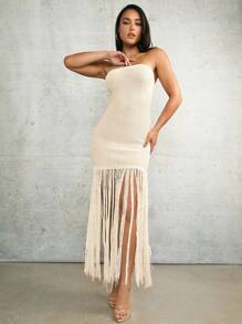 Silquee Island Girl 钩针长裙罩衫杏色亚麻露肩春夏度假海滩超长流苏迷你钩针连衣裙 - 杏色 - 查看 9