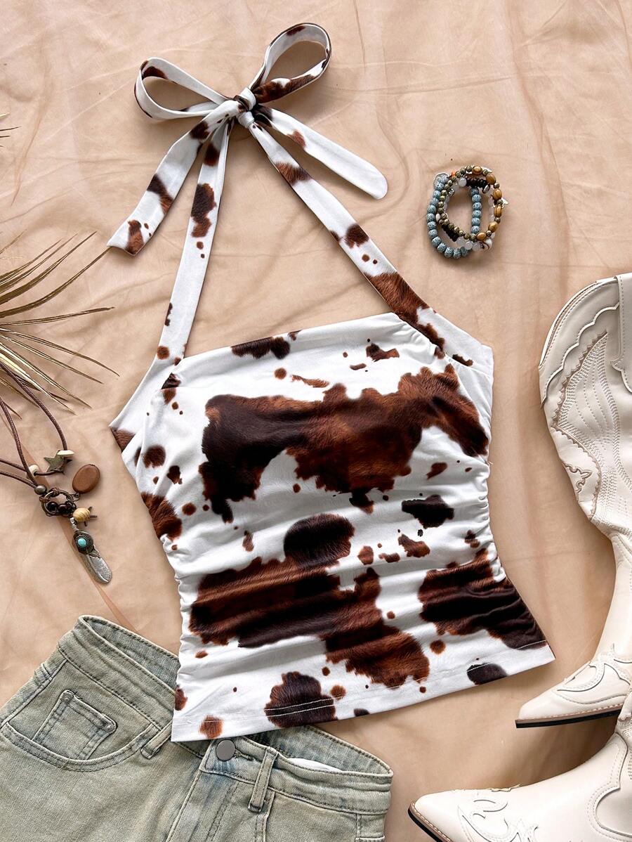 SHEIN WYWH Women's Vacation Knit Cow Print Halter Ruched Waist Slim Fit Fashion Tank Top, Suitable For Summer Fashion, Party, Afternoon Tea, Beach, Cruise, Music Festival - Multicolor - View 1