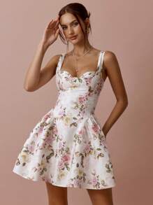 Enchnt 春夏浪漫女士白玫瑰印花甜心领无袖可爱迷你连衣裙，甜美优雅端庄的太阳裙，适合生日、节日派对、甜蜜约会、度假、毕业季和仙女风，女士夏季服装，女士婚礼宾客礼服，新娘送礼会礼服，女士音乐会服装，女士复活节服装，狂欢节服装 - 白色 - 查看 3