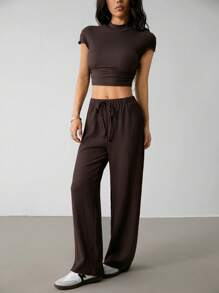 SHEIN PETITE 2 件套女士纯色短袖上衣和长裤套装，夏季时尚 - 棕色 - 查看 6